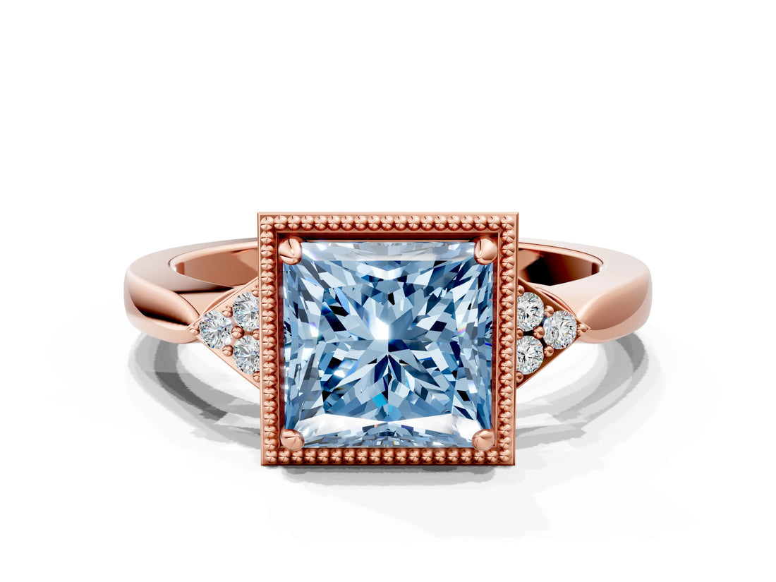 Rose gold Fancy Blue Princess  Halo Diamond Ring with Tapered Band and Four-Prong Setting_3