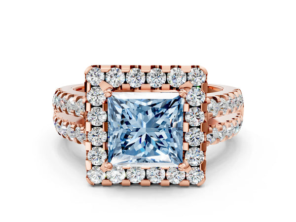 Rose gold Fancy Blue Princess  Halo Diamond Split Shank Engagement Ring with Prong Setting