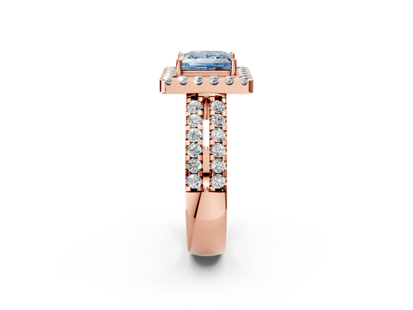 Rose gold Fancy Blue Princess  Halo Diamond Split Shank Engagement Ring with Prong Setting