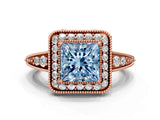 Rose gold Fancy Blue Princess  Halo Diamond Split Shank Ring with Milgrain Detail_49