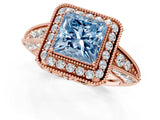 Rose gold Fancy Blue Princess  Halo Diamond Split Shank Ring with Milgrain Detail_50