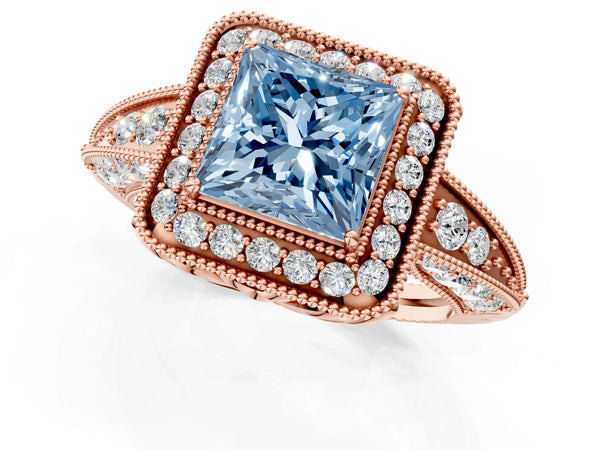 Rose Gold Princess Cut Vintage Halo Engagement Ring Setting for Fancy Blue Center with Milgrain
