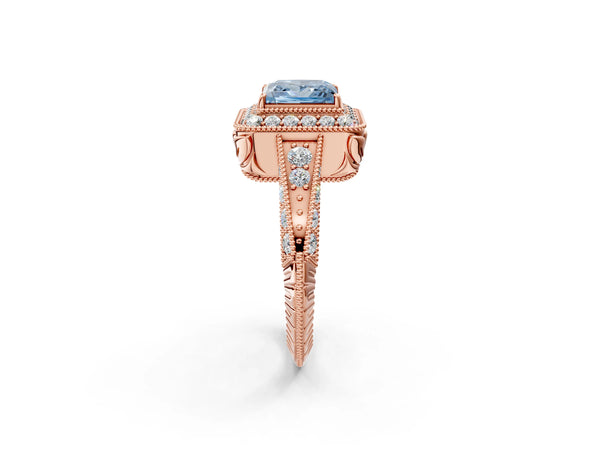 Rose Gold Princess Cut Vintage Halo Engagement Ring Setting for Fancy Blue Center with Milgrain