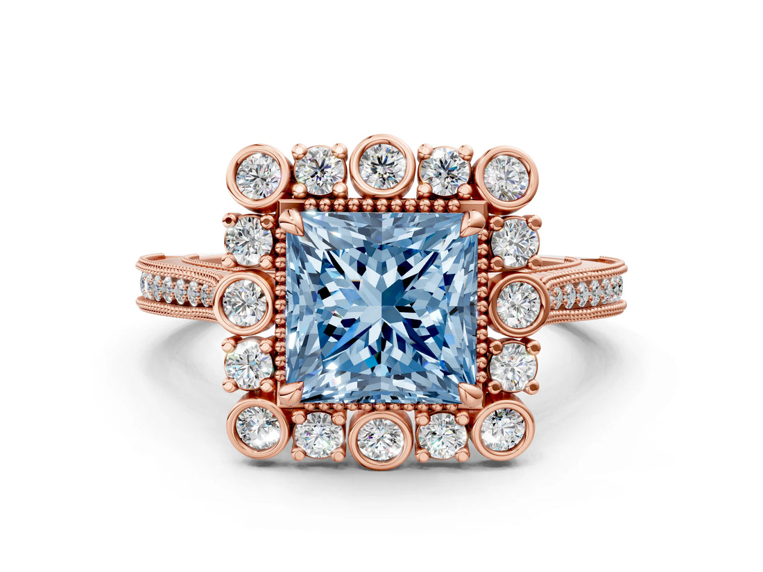 Rose gold Fancy Blue Princess  Halo Milgrain Pave Diamond Ring with Four-Prong Setting 1