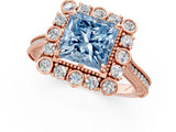 Rose gold Fancy Blue Princess  Halo Milgrain Pave Diamond Ring with Four-Prong Setting 2