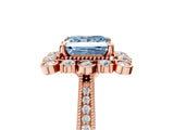 Rose gold Fancy Blue Princess  Halo Milgrain Pave Diamond Ring with Four-Prong Setting