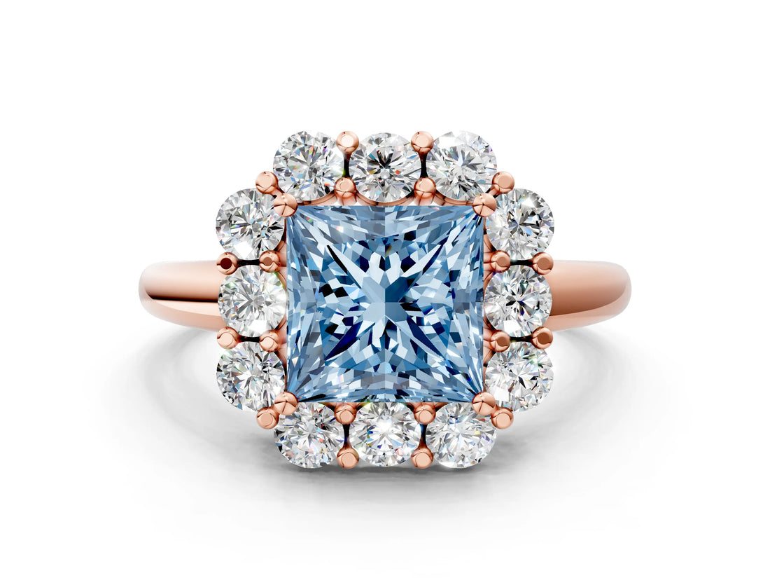 Rose gold Fancy Blue Princess  Halo Milgrain Solitaire with Bezel Set Side Stones and Pave Band_27