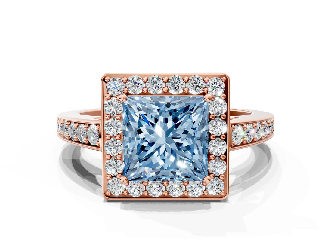 Rose gold Fancy Blue Princess  Halo Pavé Diamond Engagement Ring with Bezel Setting_37