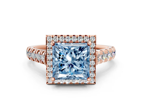 Rose gold Fancy Blue Princess  Halo Pavé Diamond Engagement Ring with Four-Prong Setting