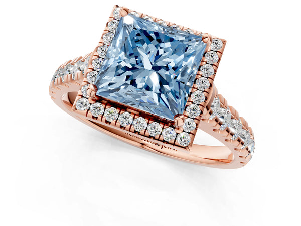 Rose gold Fancy Blue Princess  Halo Pavé Diamond Engagement Ring with Four-Prong Setting