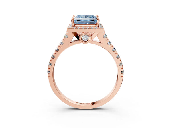 Rose gold Fancy Blue Princess  Halo Pavé Diamond Engagement Ring with Four-Prong Setting