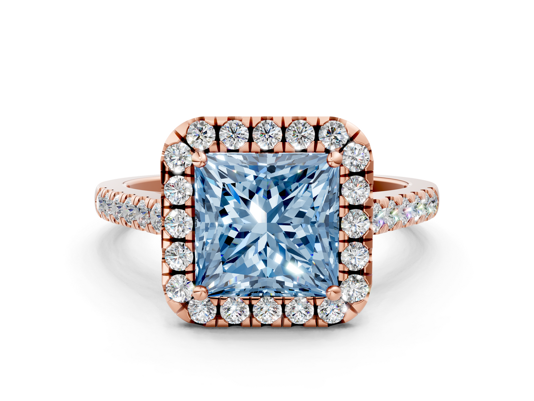 Rose gold Fancy Blue Princess  Halo Pavé Diamond Engagement Ring with Four-Prong Setting_3