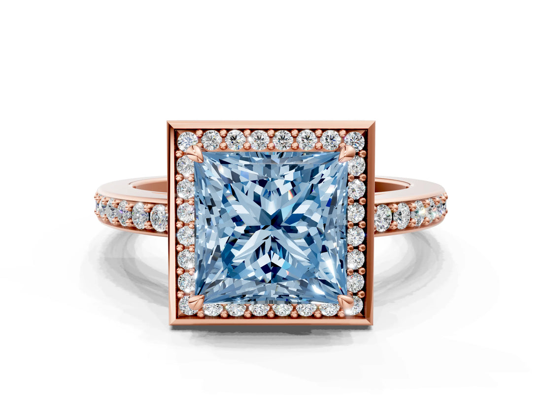 Rose gold Fancy Blue Princess  Halo Pave Band Solitaire Ring with Prong Setting_65