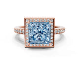 Rose gold Fancy Blue Princess  Halo Pave Band Solitaire Ring with Prong Setting_65