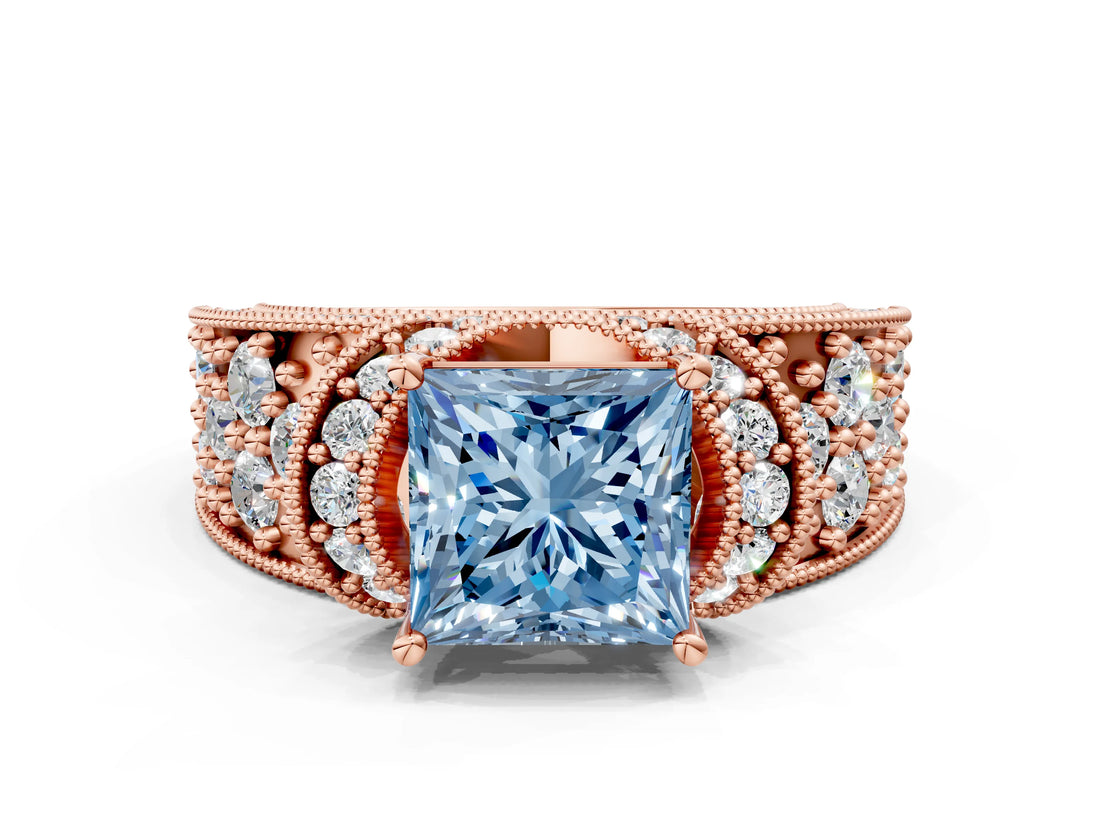 Rose gold Fancy Blue Princess  Halo Pave Diamond Engagement Ring with Milgrain Detailing_47