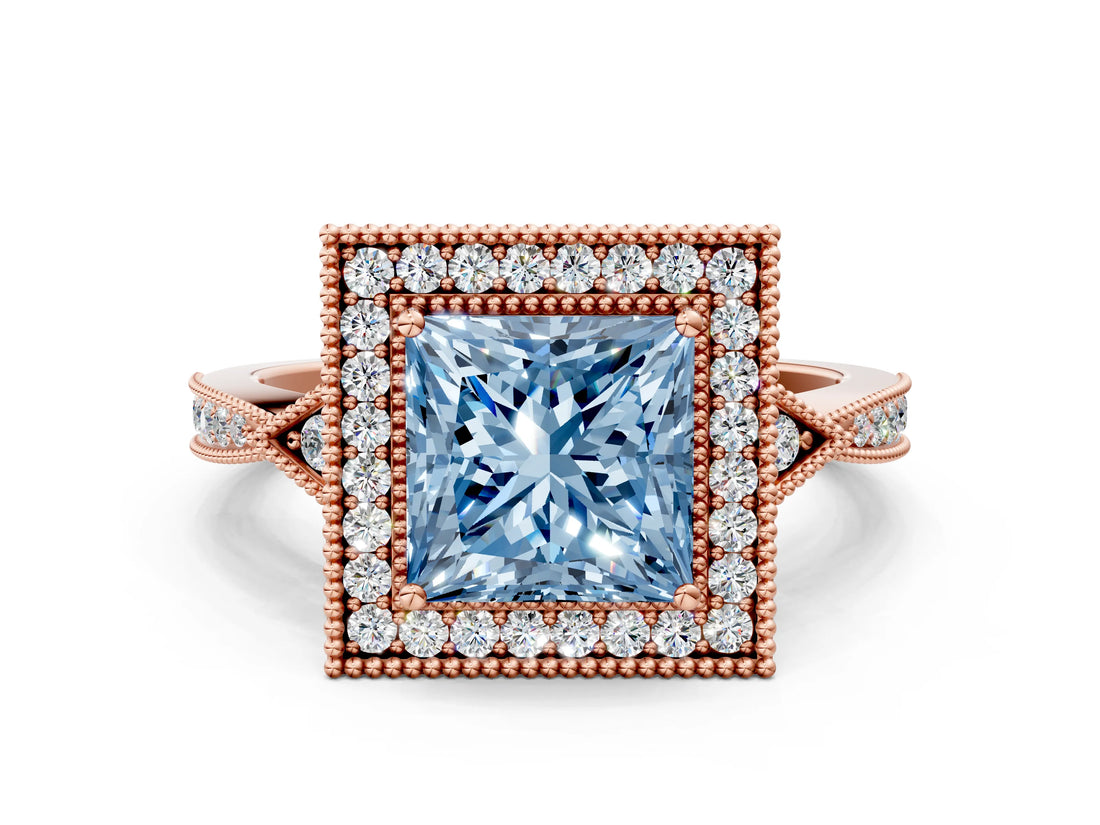 Rose gold Fancy Blue Princess  Halo Round Diamond Milgrain Pave Engagement Ring_3
