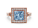 Rose gold Fancy Blue Princess  Halo Round Diamond Milgrain Pave Engagement Ring_3