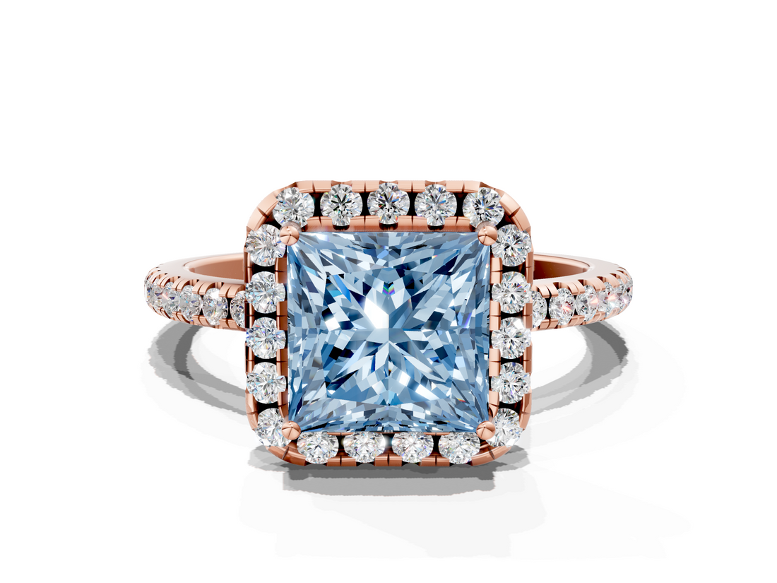 Rose gold Fancy Blue Princess  Halo Round Diamond Pavé Band Four-Prong Ring_3