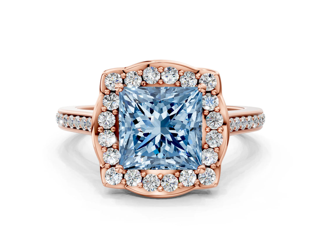 Rose gold Fancy Blue Princess  Halo Round Diamond Pave Band with Four-Prong Setting_38