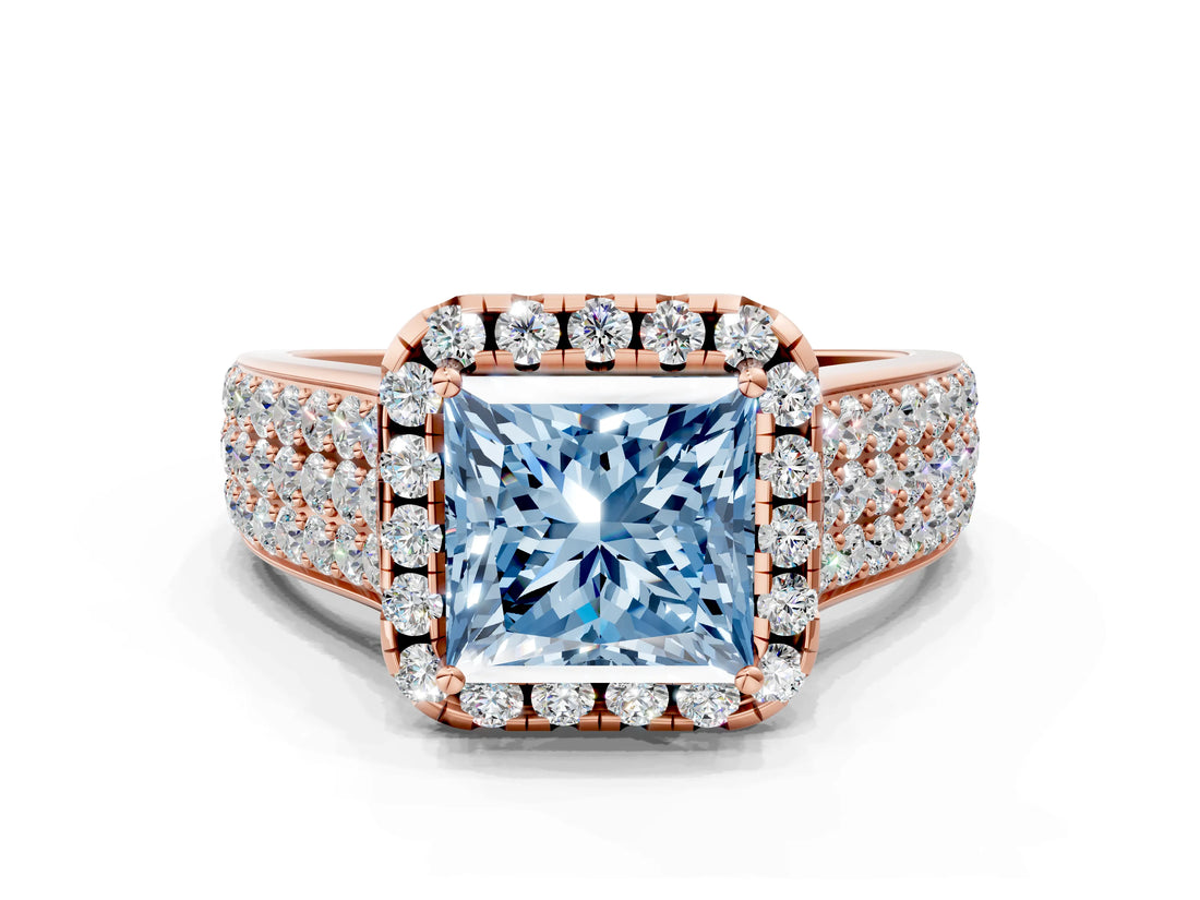Rose gold Fancy Blue Princess  Halo Round Diamond Pave Band with Prong Setting 1