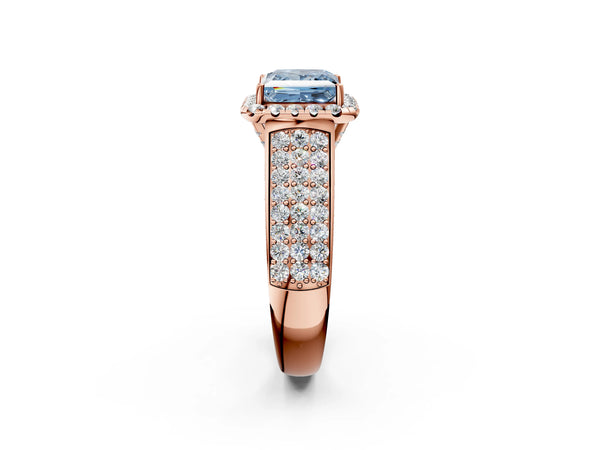Rose gold Fancy Blue Princess  Halo Round Diamond Pave Band with Prong Setting