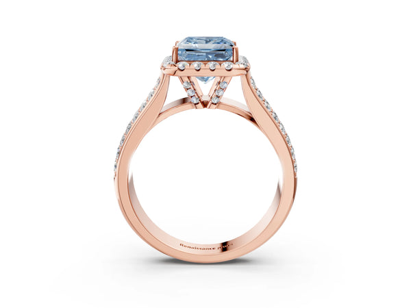 Rose gold Fancy Blue Princess  Halo Round Diamond Pave Band with Prong Setting