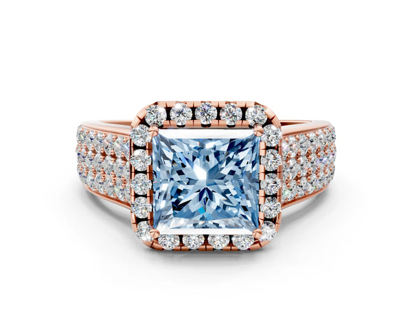 Rose gold Fancy Blue Princess  Halo Round Diamond Pave Band with Prong Setting