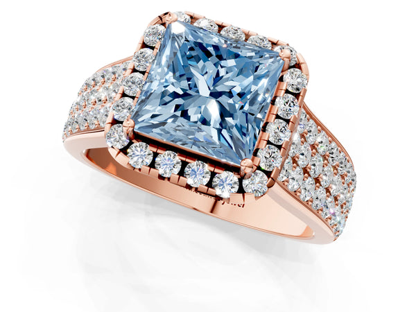 Rose gold Fancy Blue Princess  Halo Round Diamond Pave Band with Prong Setting