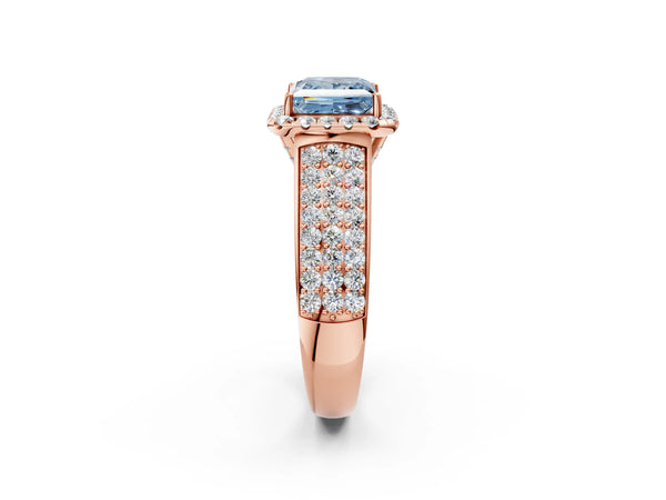Rose gold Fancy Blue Princess  Halo Round Diamond Pave Band with Prong Setting
