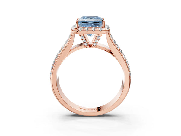 Rose gold Fancy Blue Princess  Halo Round Diamond Pave Band with Prong Setting