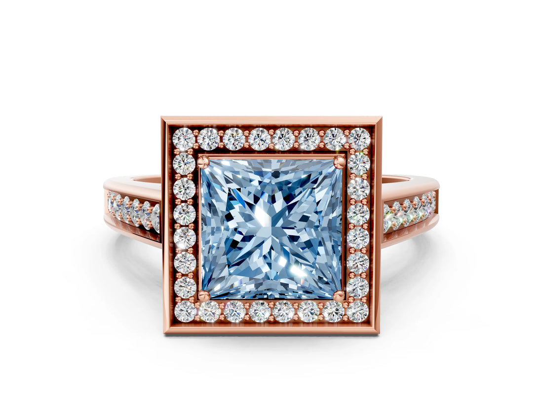 Rose gold Fancy Blue Princess  Halo Solitaire Diamond Ring with Pave Band and Bezel Setting_72