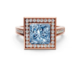 Rose gold Fancy Blue Princess  Halo Solitaire Diamond Ring with Pave Band and Bezel Setting_72