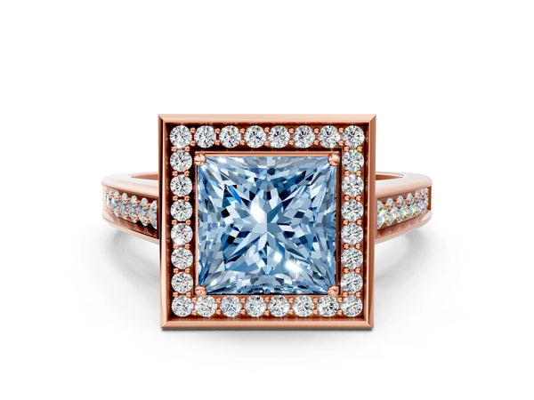 Rose gold Fancy Blue Princess  Halo Solitaire Diamond Ring with Pave Band and Bezel Setting