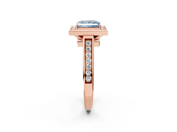 Rose gold Fancy Blue Princess  Halo Solitaire Diamond Ring with Pave Band and Bezel Setting