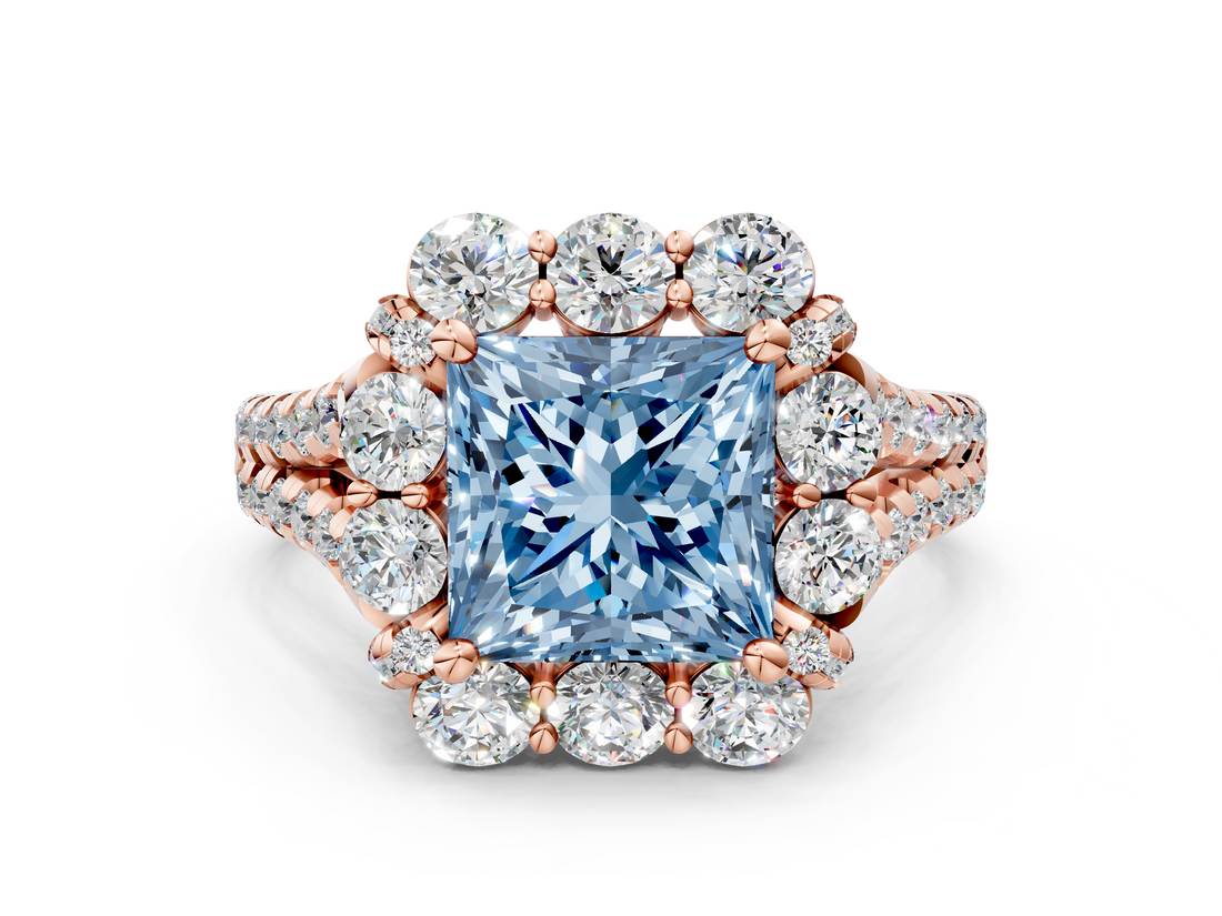 Rose gold Fancy Blue Princess  Halo Split Shank Diamond Engagement Ring with Pave Band and Four-Prong Setting_54
