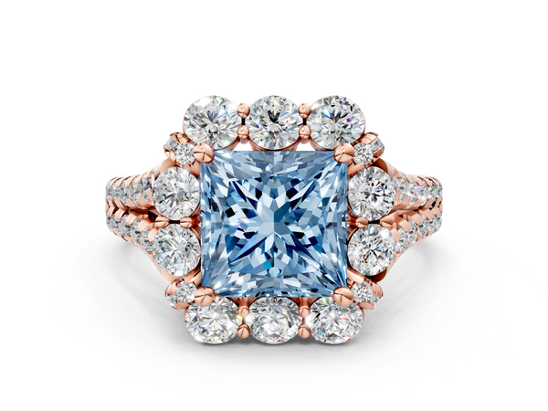 Rose gold Fancy Blue Princess  Halo Split Shank Diamond Engagement Ring with Pave Band and Four-Prong Setting
