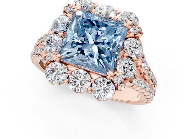 Rose gold Fancy Blue Princess  Halo Split Shank Diamond Engagement Ring with Pave Band and Four-Prong Setting