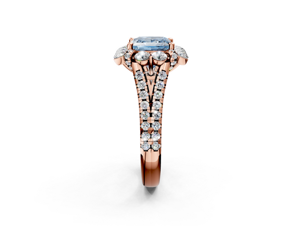Rose gold Fancy Blue Princess  Halo Split Shank Diamond Engagement Ring with Pave Band and Four-Prong Setting
