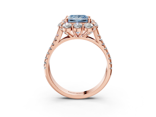 Rose gold Fancy Blue Princess  Halo Split Shank Diamond Engagement Ring with Pave Band and Four-Prong Setting