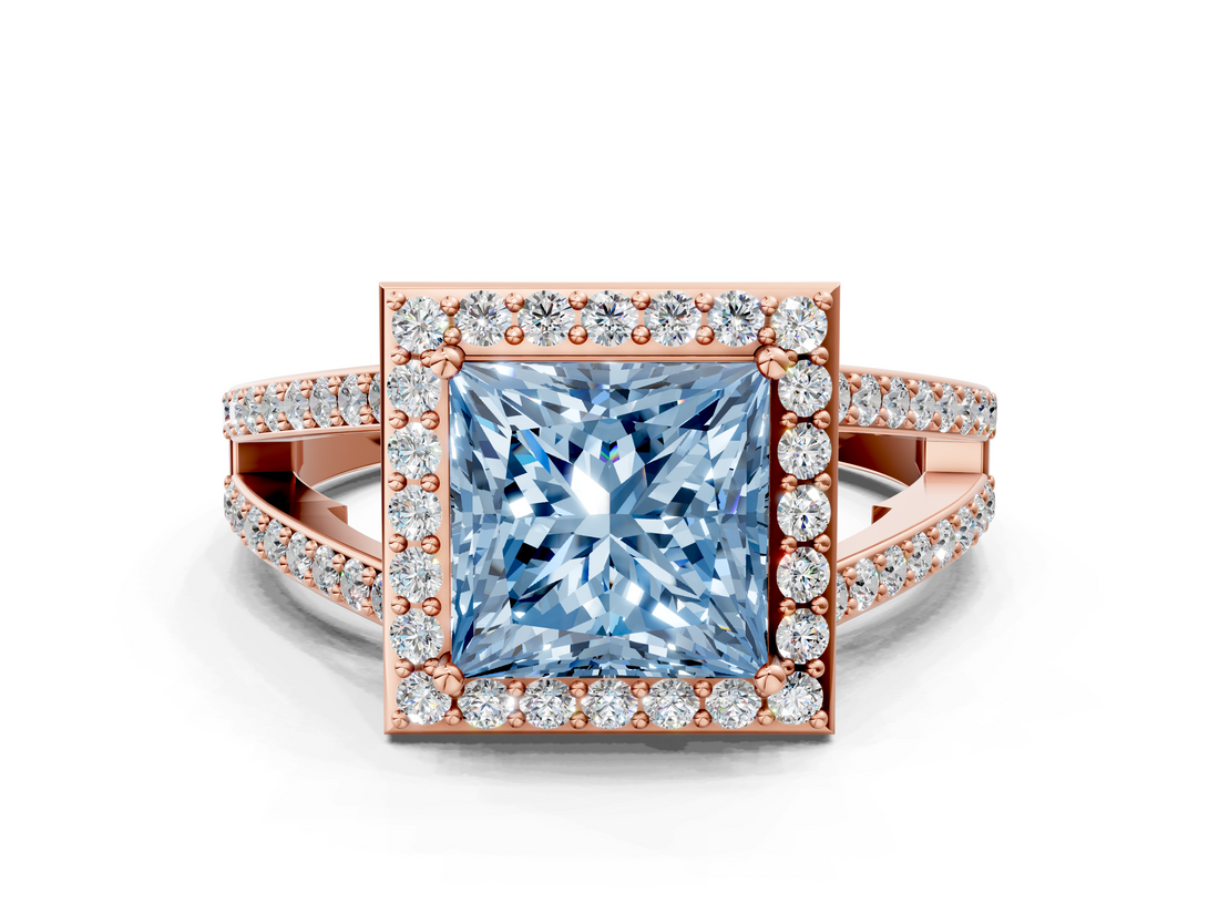 Rose gold Fancy Blue Princess  Halo Split Shank Diamond Ring with Four-Prong Setting_32
