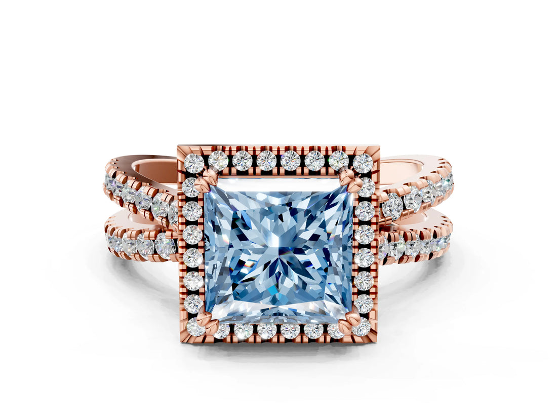 Rose gold Fancy Blue Princess  Halo Split Shank Diamond Ring with Pavé Setting