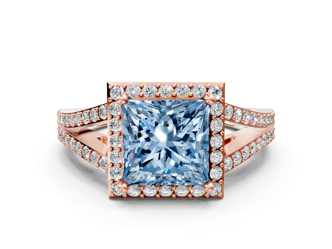 Rose gold Fancy Blue Princess  Halo Split Shank Diamond Ring with Prong Setting_20