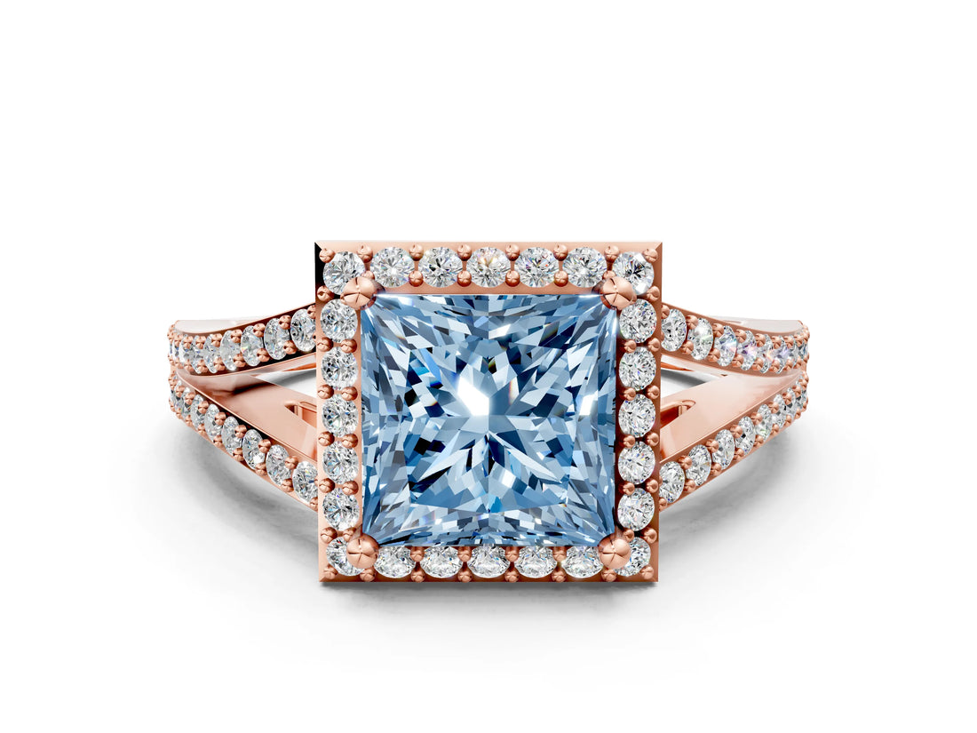 Rose gold Fancy Blue Princess  Halo Split Shank Pave Diamond Ring with Four-Prong Setting_49