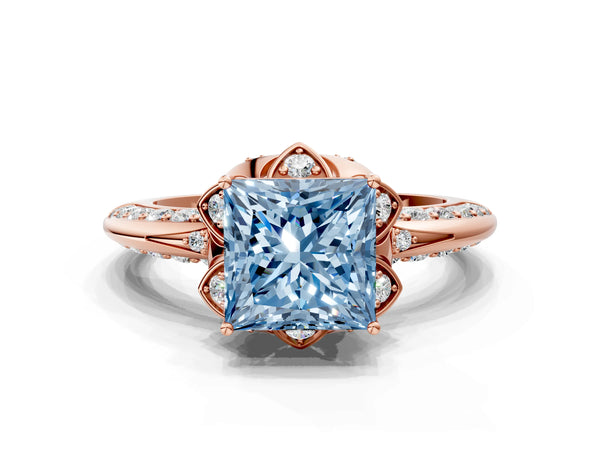 Rose gold Fancy Blue Princess  Halo Split Shank Pave Diamond Ring with Petal Prong Setting