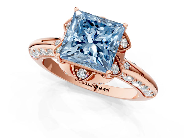 Rose gold Fancy Blue Princess  Halo Split Shank Pave Diamond Ring with Petal Prong Setting