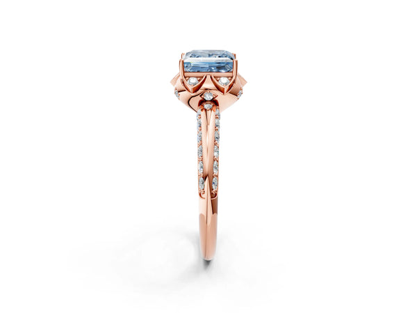 Rose gold Fancy Blue Princess  Halo Split Shank Pave Diamond Ring with Petal Prong Setting