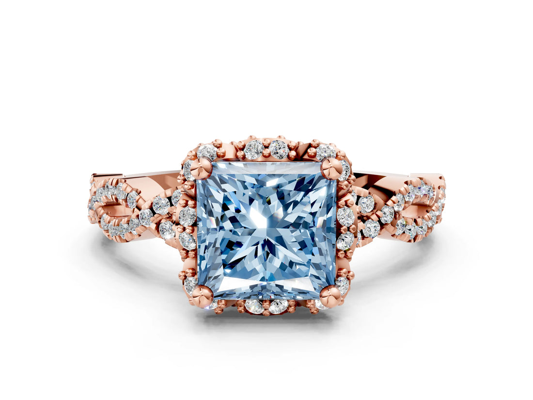 Rose gold Fancy Blue Princess  Halo Twist Band Solitaire Ring with Six-Prong Setting_32