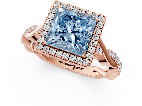 Rose gold Fancy Blue Princess  Halo Twist Band Solitaire Ring