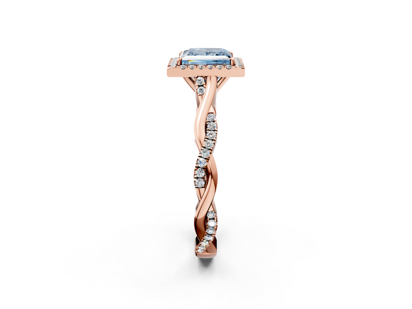 Rose gold Fancy Blue Princess  Halo Twist Band Solitaire Ring