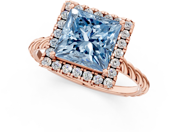Rose gold Fancy Blue Princess  Halo Twisted Band Four-Prong Diamond Ring